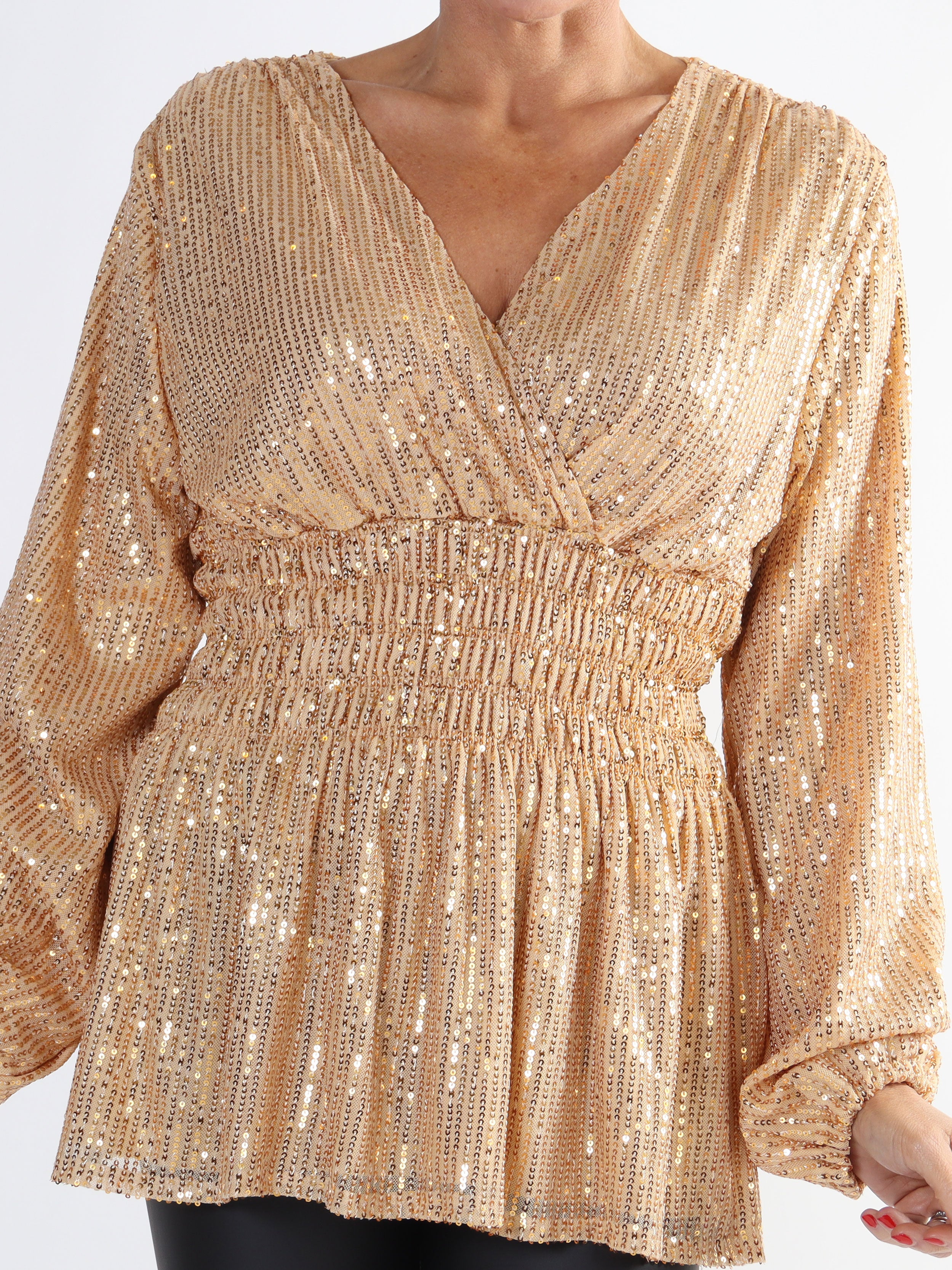 Pams Glitter Shirt L/S - Plus size bluse med pailletter og lange ærmer